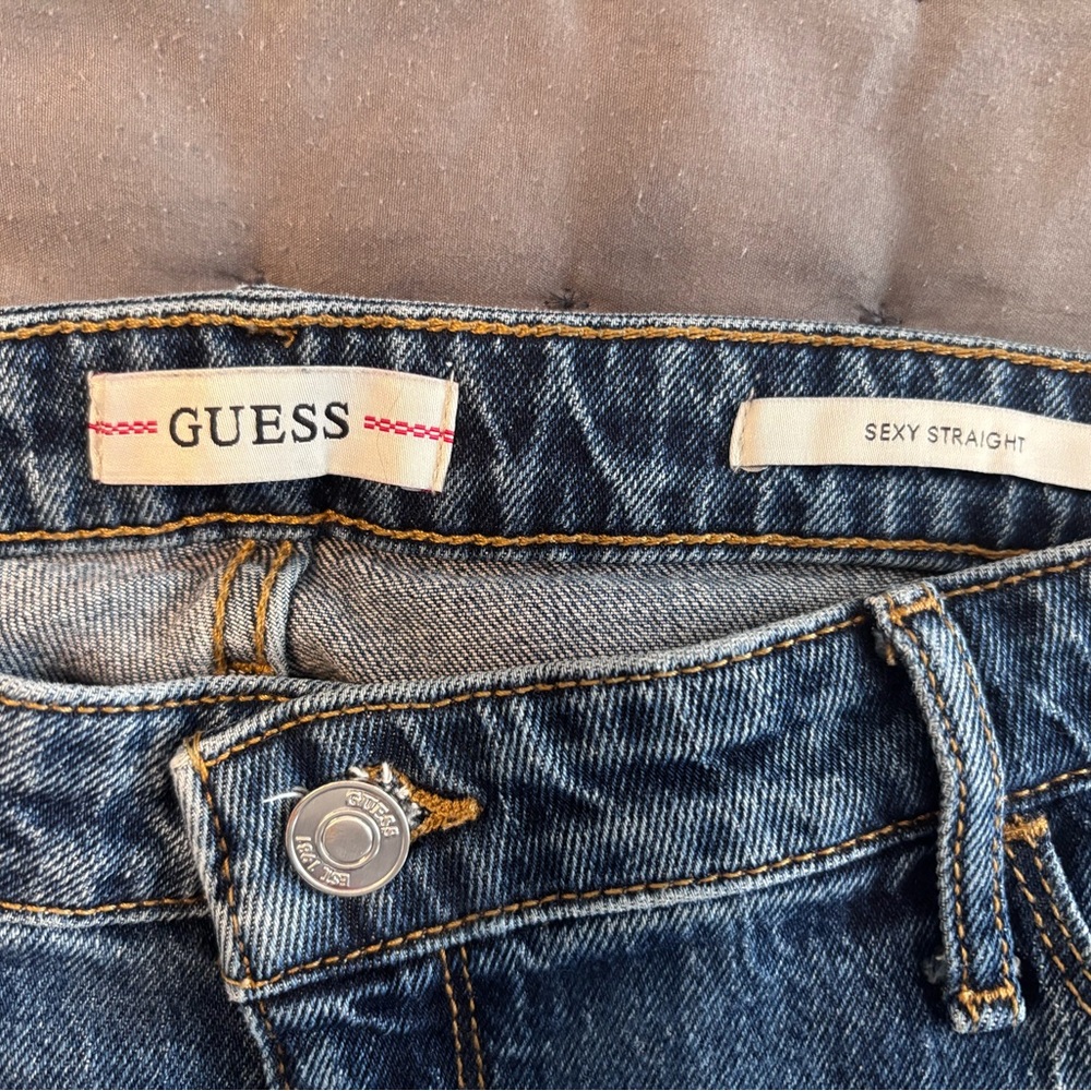 GUESS Sexy Straight Women's Jeans in Distressed Blue Denim